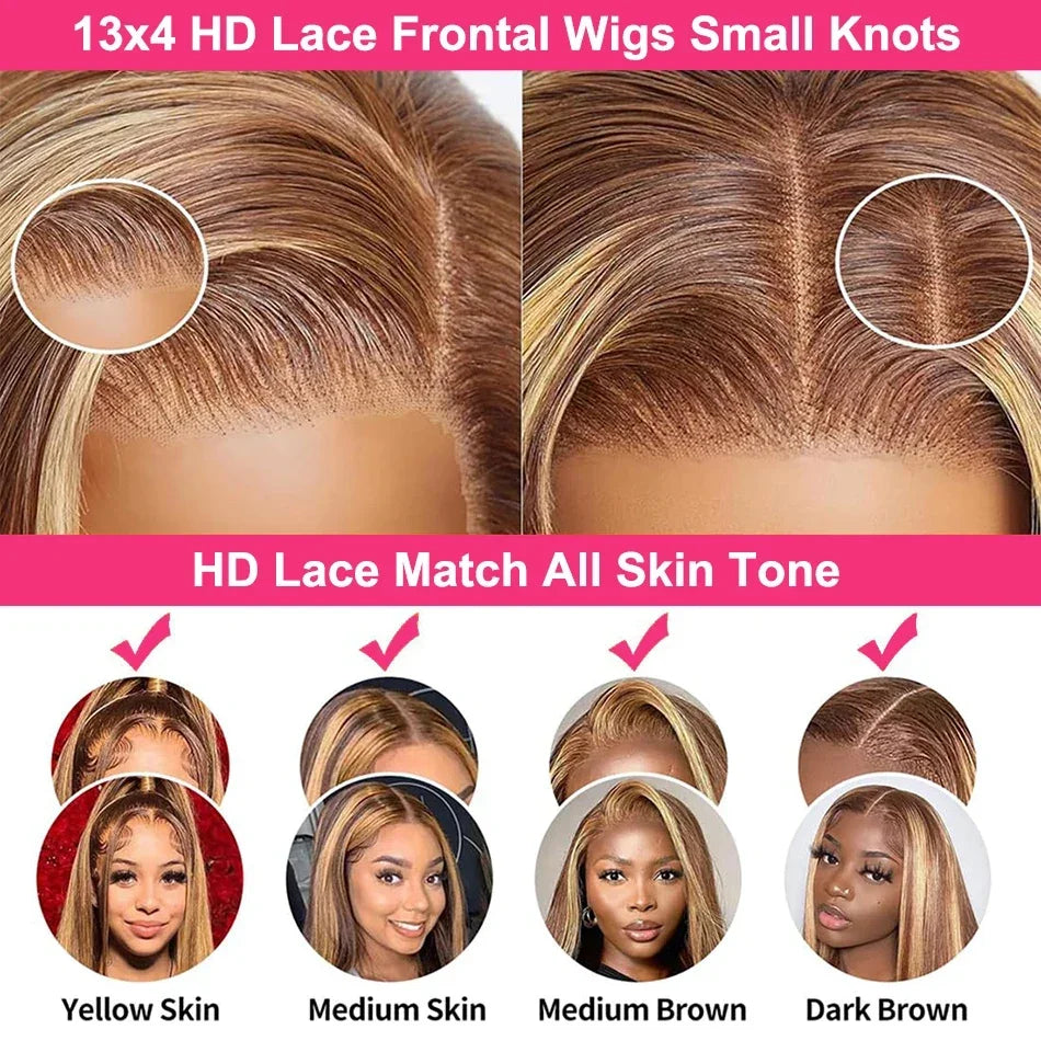 13x4 HD Highlight Ombre Bone Straight Wigs Human Hair P4/27 Blonde Ombre Lace Frontal Wig Colored Human Hair Wig For Women