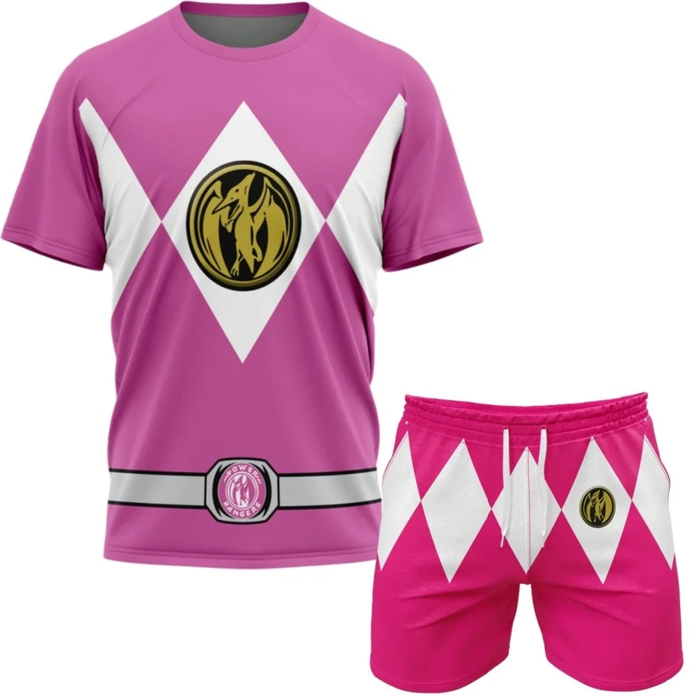 2026 Summer New Bandai Power Rangers Tee Shorts Men Women Oversized Breathable Quick Drying Fitness Running Sportswear Set ﻿