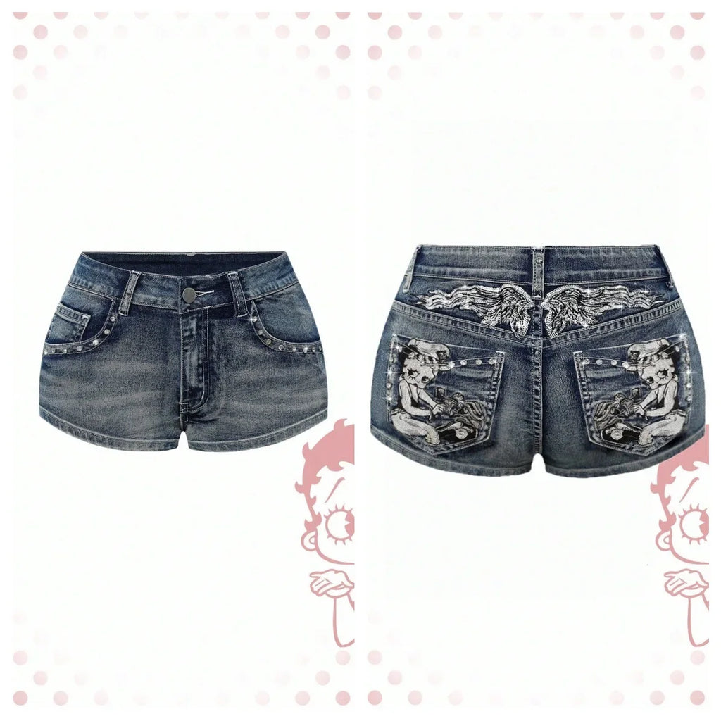 High Waist Distressed Denim Shorts Female Jeans Womens Jeans Shorts Vintage Y2K Punk Style Embroidered Hot Pants