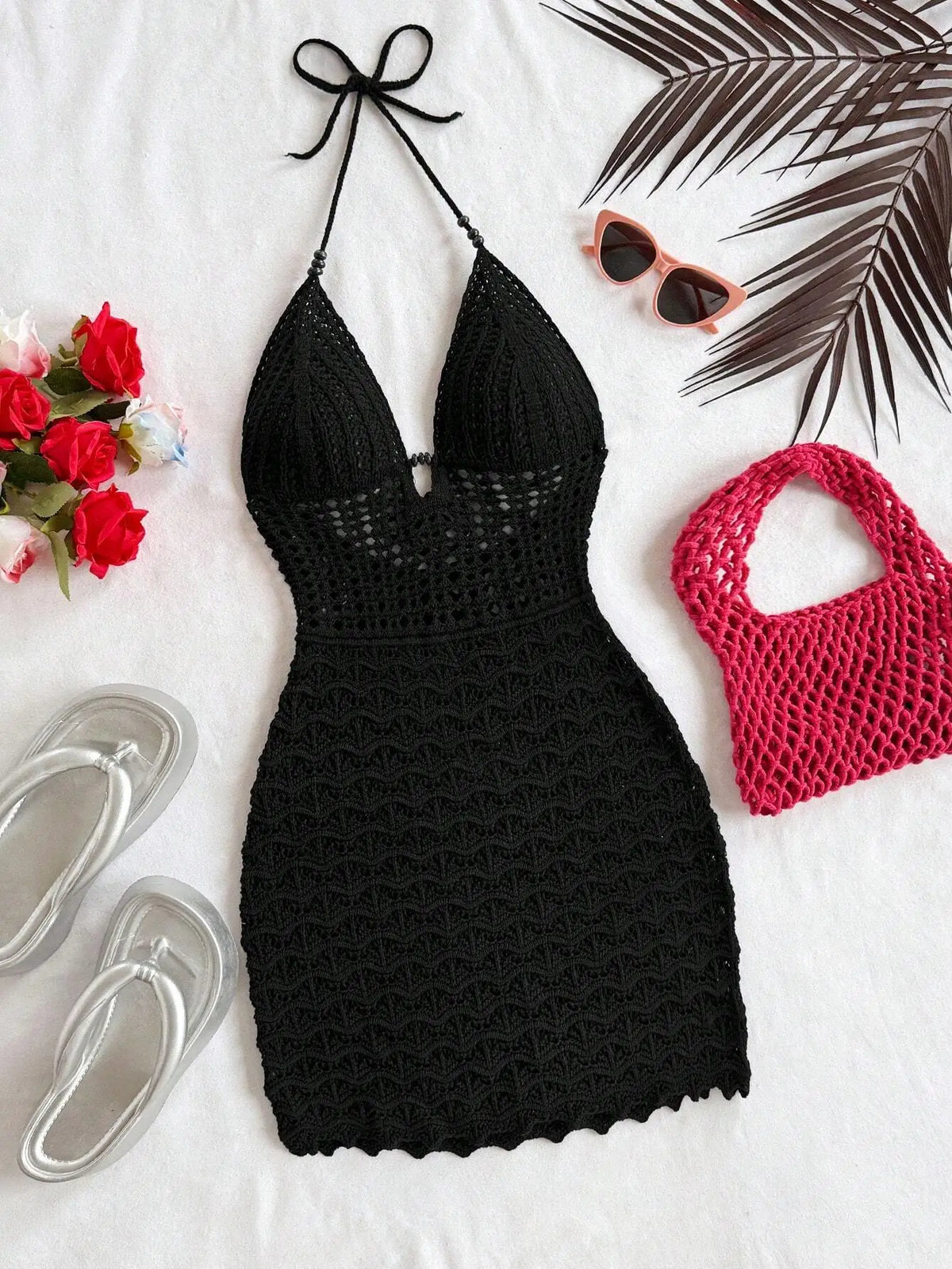 Women's V-Neck Strapless Dress, Hollow Out, Wooden Bead, Slim Fit, Gradient Color, Knitted, Sexy, Vacation Wear