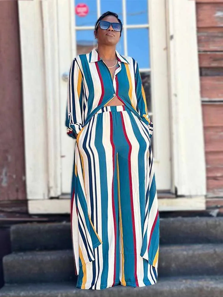 Elegant 2-piece Sets for Women Fall Winter Outfits Pants Suit with Long Shirt Blouse Full Sleeve Striped Plus Size Matching Sets