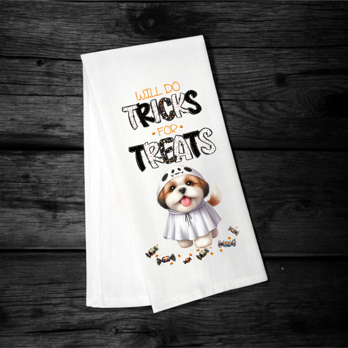 "Will Do Tricks for Treats" Halloween Towel with your Fav Dog Breed
