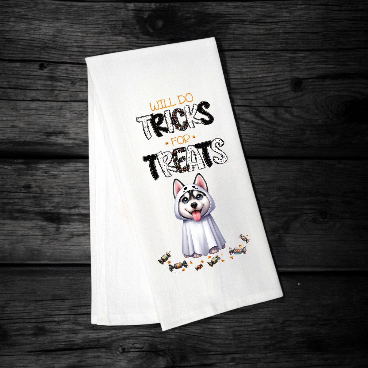 "Will Do Tricks for Treats" Halloween Towel with your Fav Dog Breed