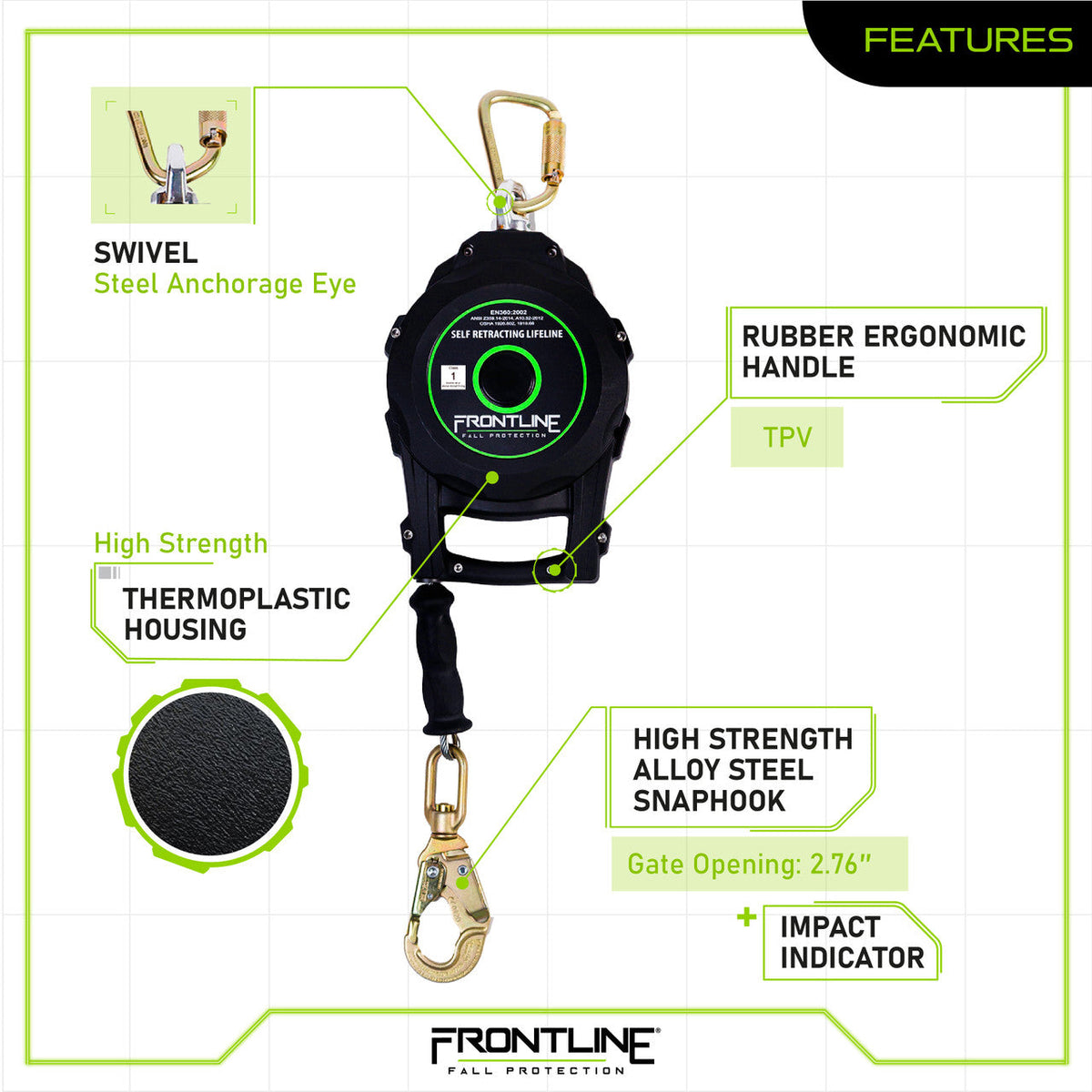 Frontline RPG30 30' Cable Single Leg SRL with Steel Snap Hook End with Carry on Handle and Tagline