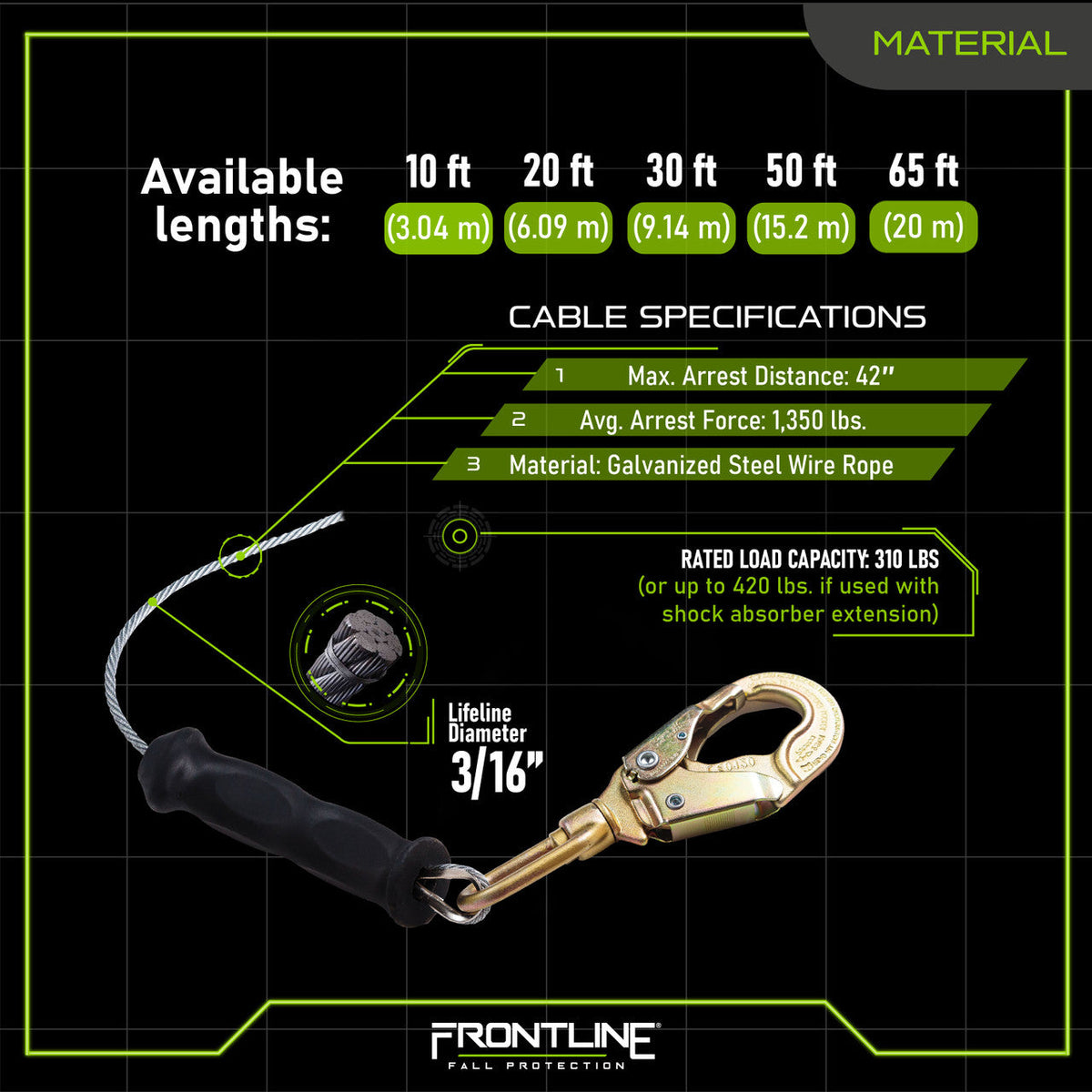 Frontline RPG30 30' Cable Single Leg SRL with Steel Snap Hook End with Carry on Handle and Tagline