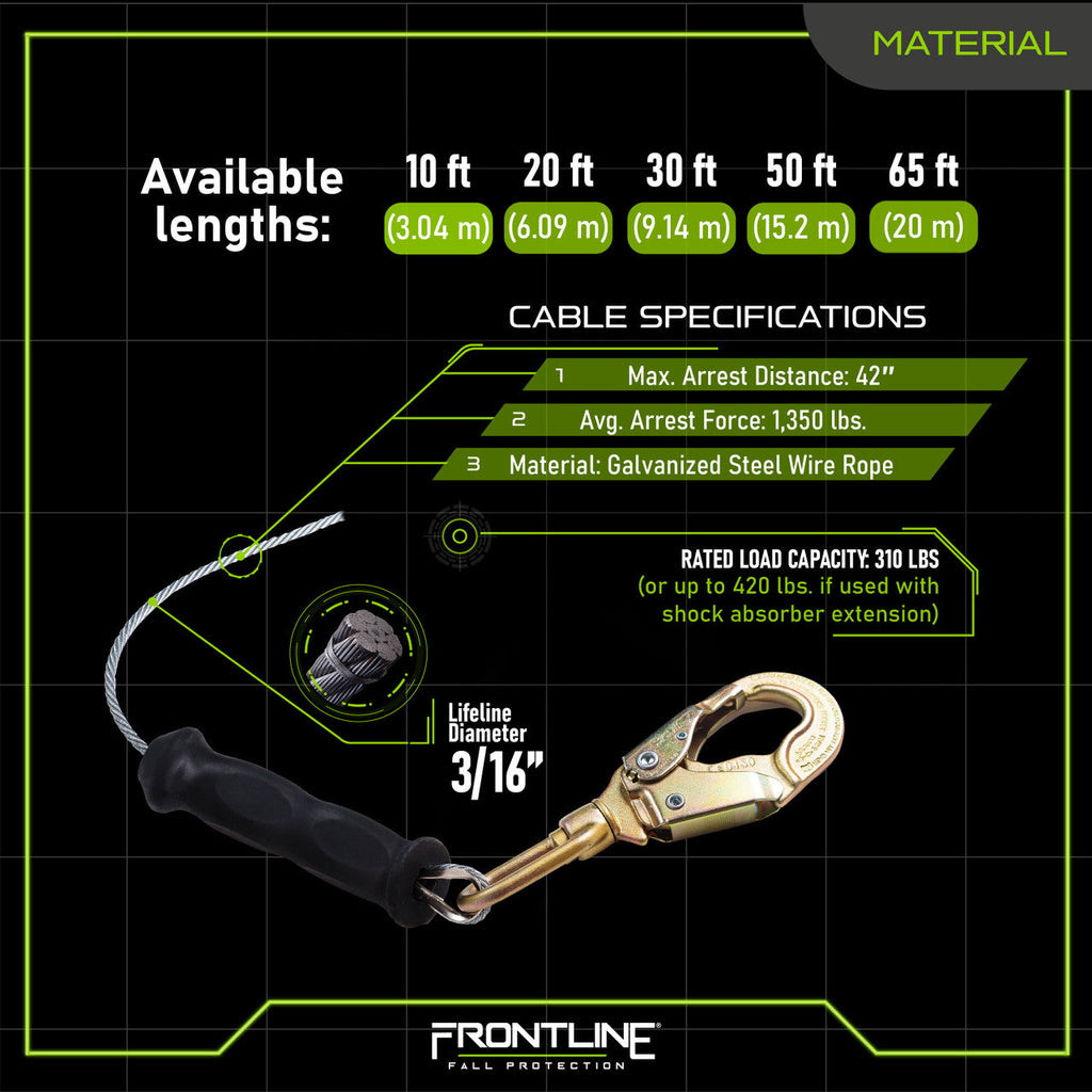Frontline RPG20 20' Cable Single Leg SRL with Steel Snap Hook End with Carry on Handle and Tagline