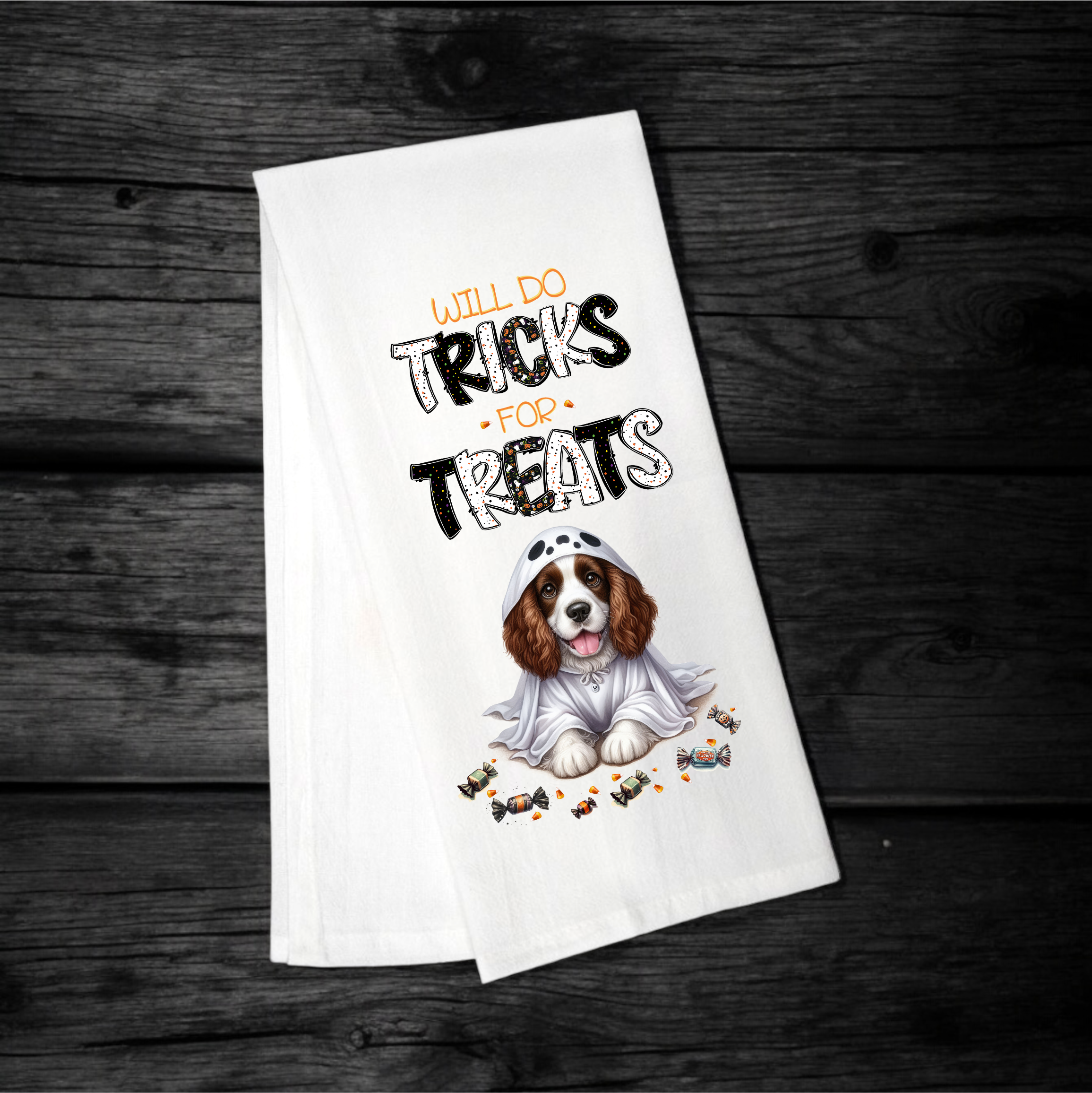 "Will Do Tricks for Treats" Halloween Towel with your Fav Dog Breed