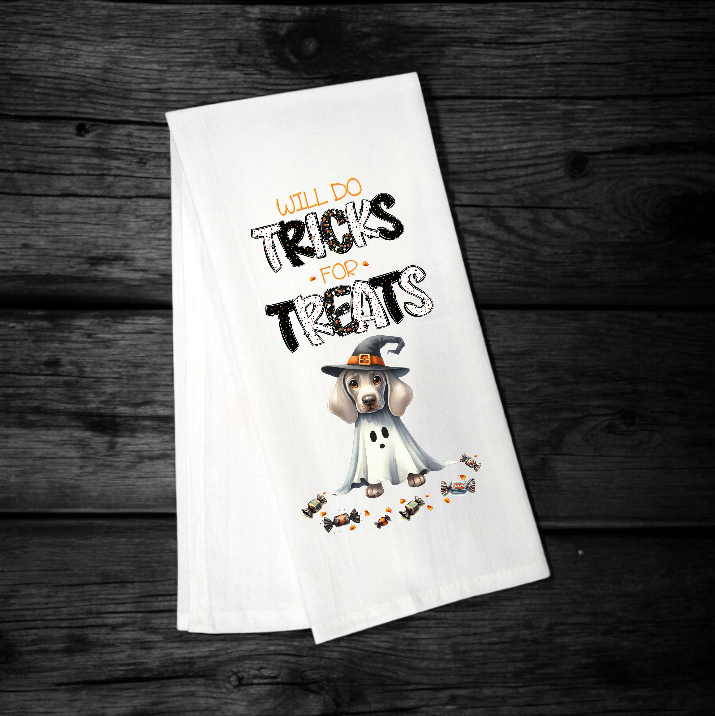 "Will Do Tricks for Treats" Halloween Towel with your Fav Dog Breed