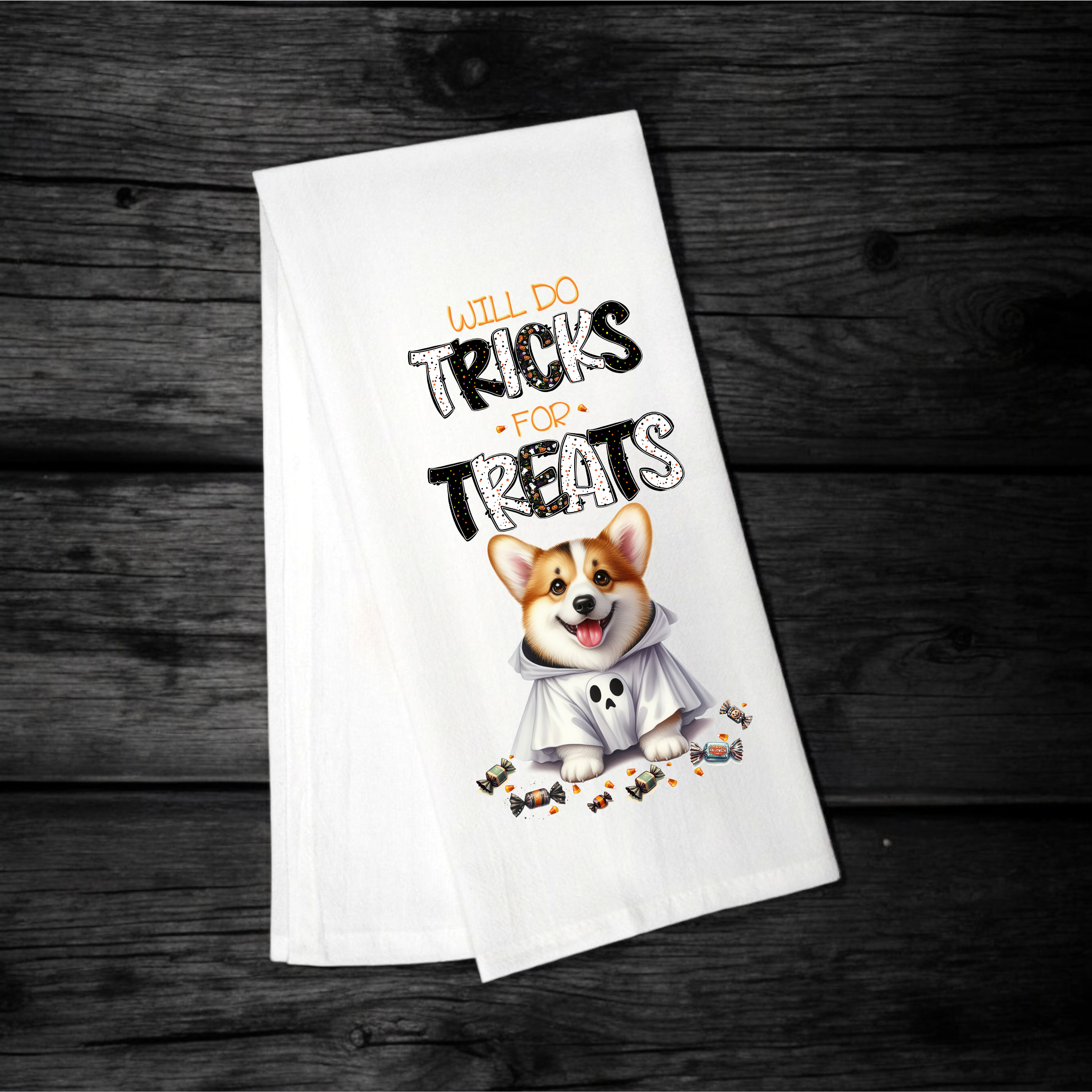 "Will Do Tricks for Treats" Halloween Towel with your Fav Dog Breed
