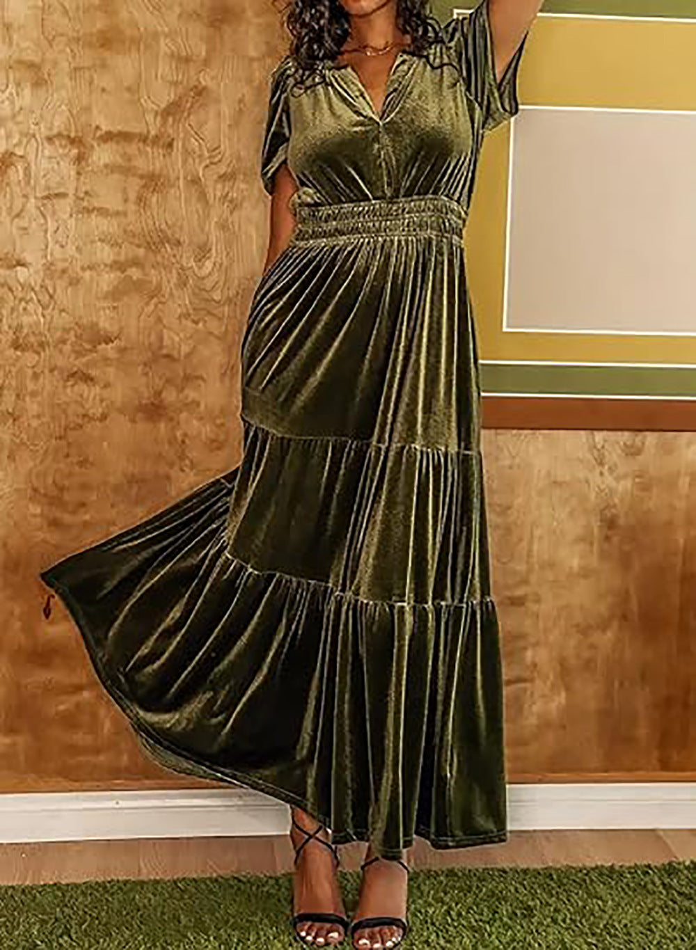 Women's Velvet Puff Sleeve Patchwork Dress – Wide Waist Long Dress with Pockets