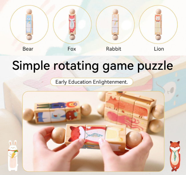 Kids Handbell Wooden Animal Puzzle – Rotating Block Toy for Toddlers