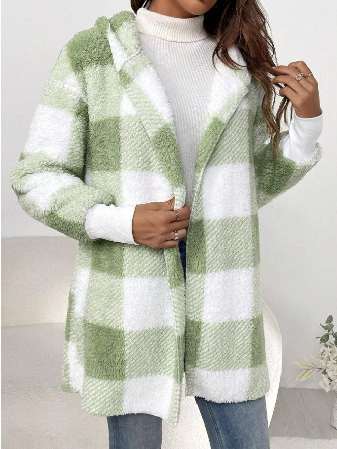 Women's Plaid Color-Stitch Knit Coat – Loose Long Sleeve Cardigan