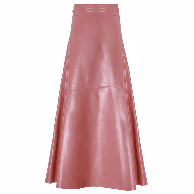 Retro High-Waist Leather Midi Skirt – A-Line Faux Leather Skirt