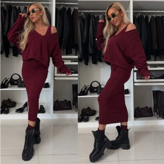 Women's 2-Piece Sweatshirt & Midi Dress Set – Long Sleeve V-Neck Top + Sleeveless Dress