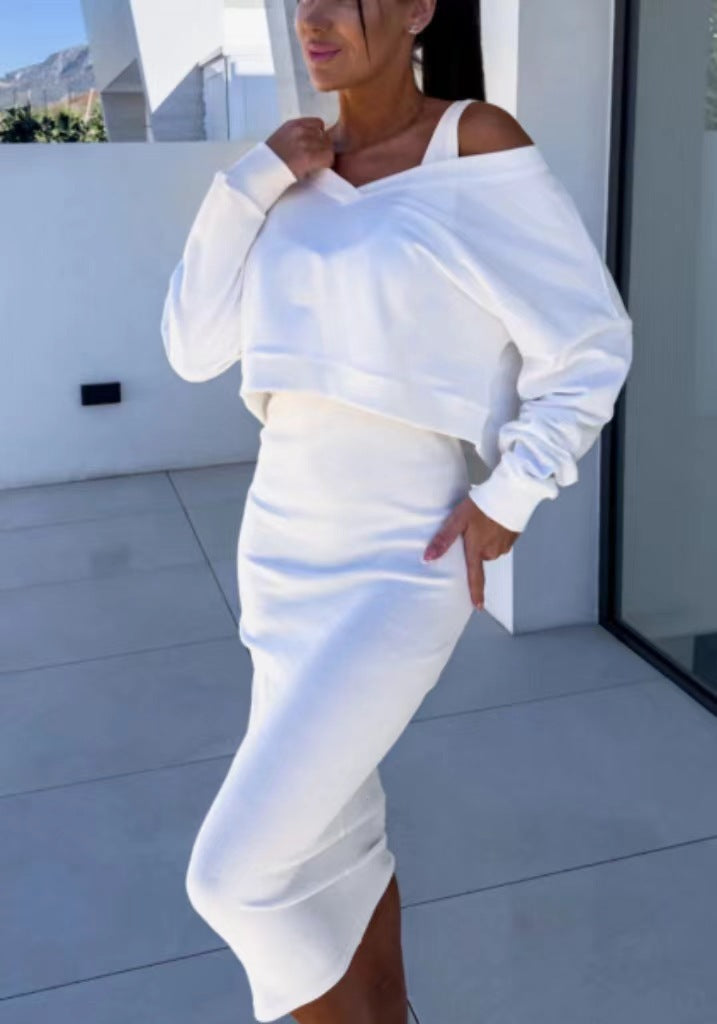 Women's 2-Piece Sweatshirt & Midi Dress Set – Long Sleeve V-Neck Top + Sleeveless Dress
