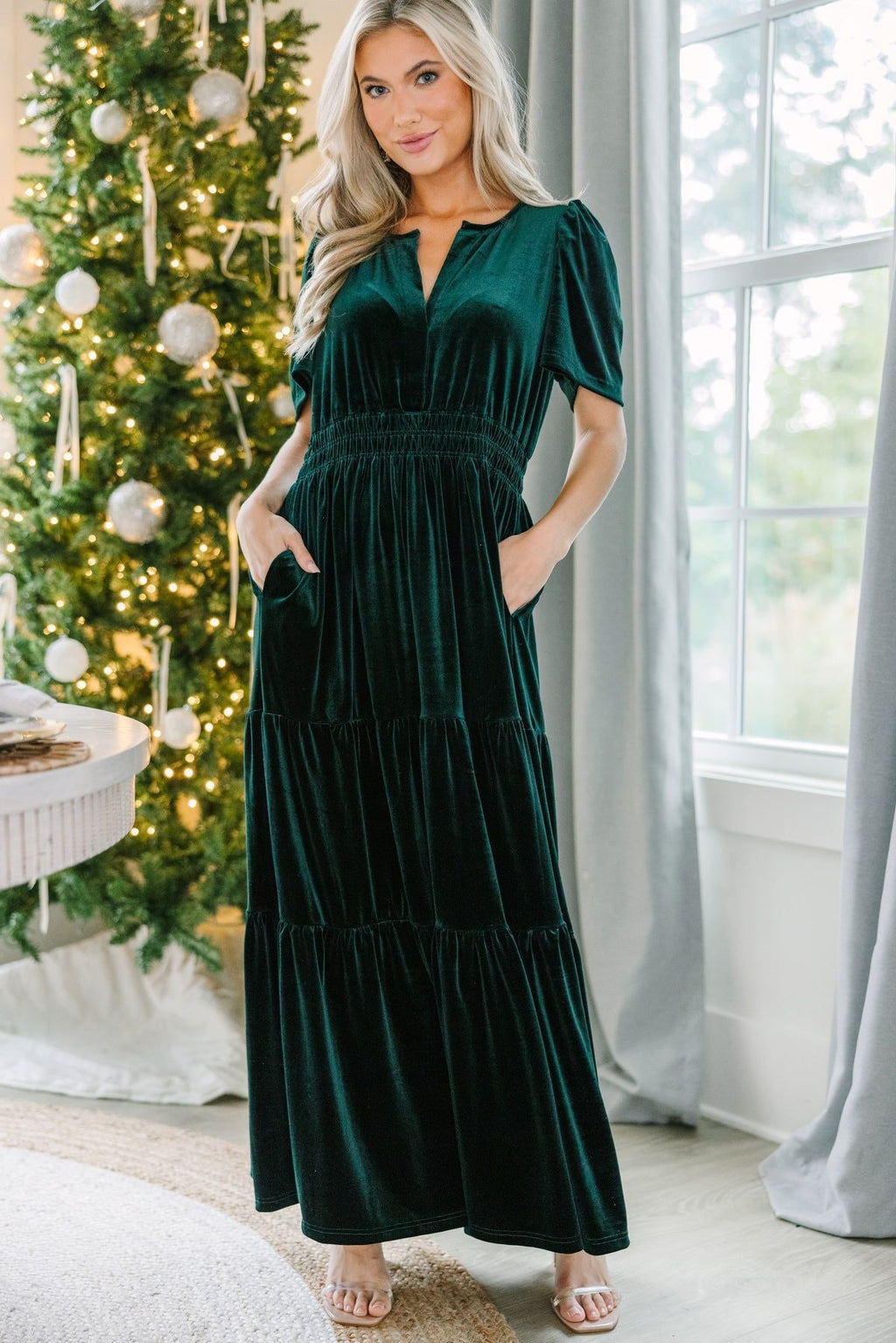 Women's Velvet Puff Sleeve Patchwork Dress – Wide Waist Long Dress with Pockets