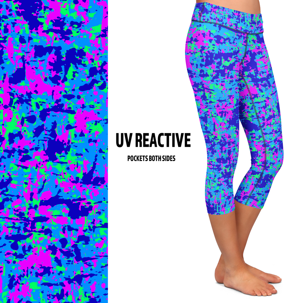 UV Reactive Blacklight Glow Fluorescent Neon Camo Capri Leggings with pockets