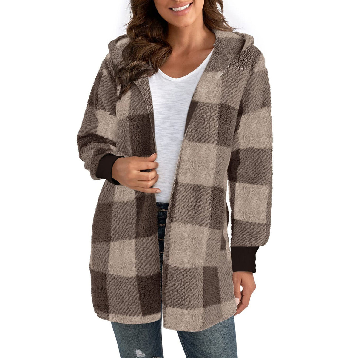 Women's Plaid Color-Stitch Knit Coat – Loose Long Sleeve Cardigan