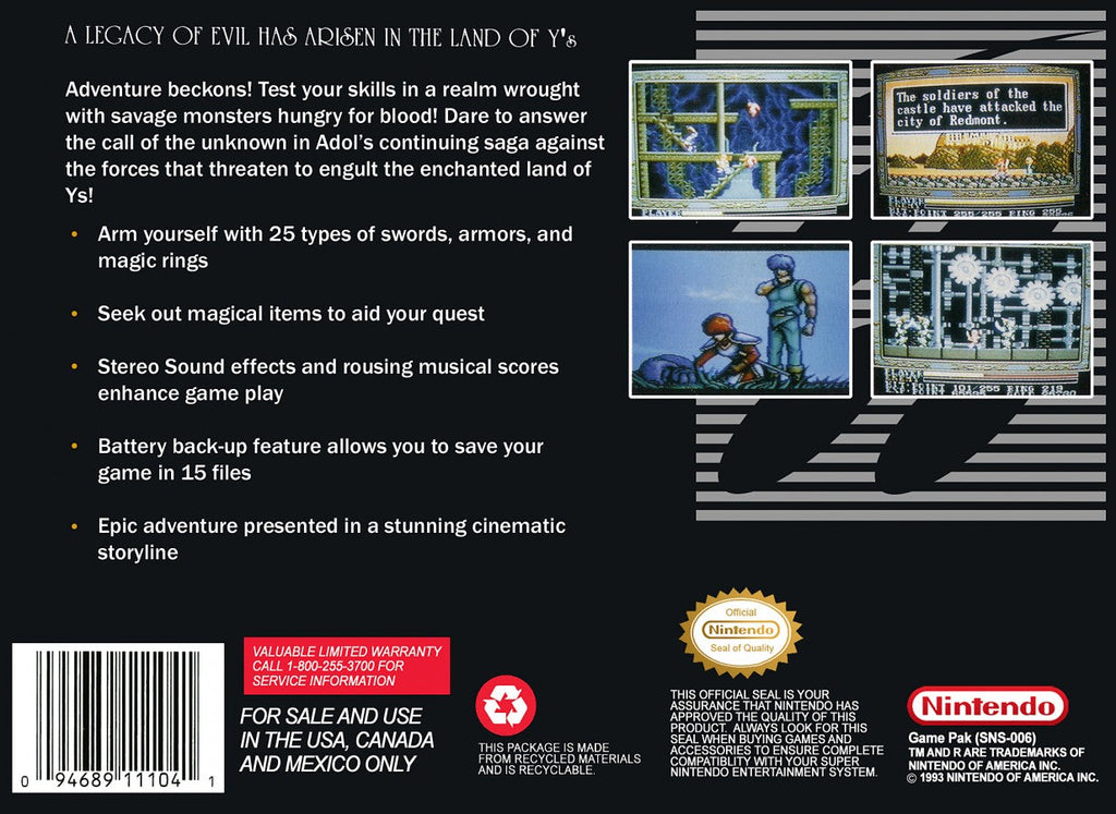 Ys III Wanderers from Ys – Super Nintendo Entertainment System (SNES)