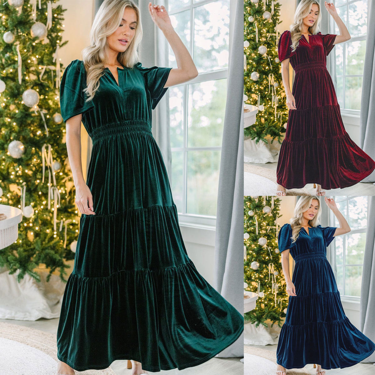 Women's Velvet Puff Sleeve Patchwork Dress – Wide Waist Long Dress with Pockets