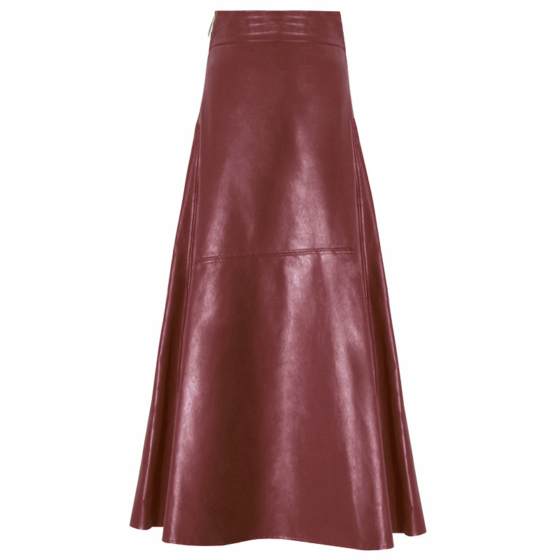 Retro High-Waist Leather Midi Skirt – A-Line Faux Leather Skirt