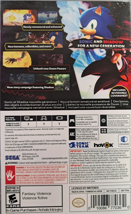 Sonic X Shadow Generations [Day One Edition] – Nintendo Switch (NS)