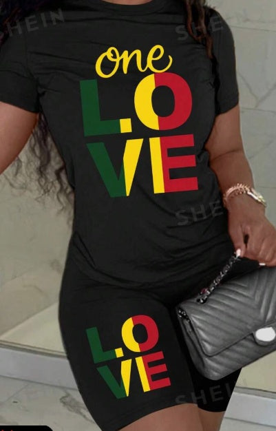 Women's LOVE Print Short Sleeve Tee & Shorts Lounge Set – Graphic 2-Piece