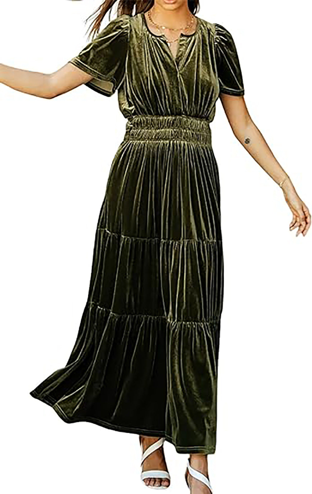 Women's Velvet Puff Sleeve Patchwork Dress – Wide Waist Long Dress with Pockets