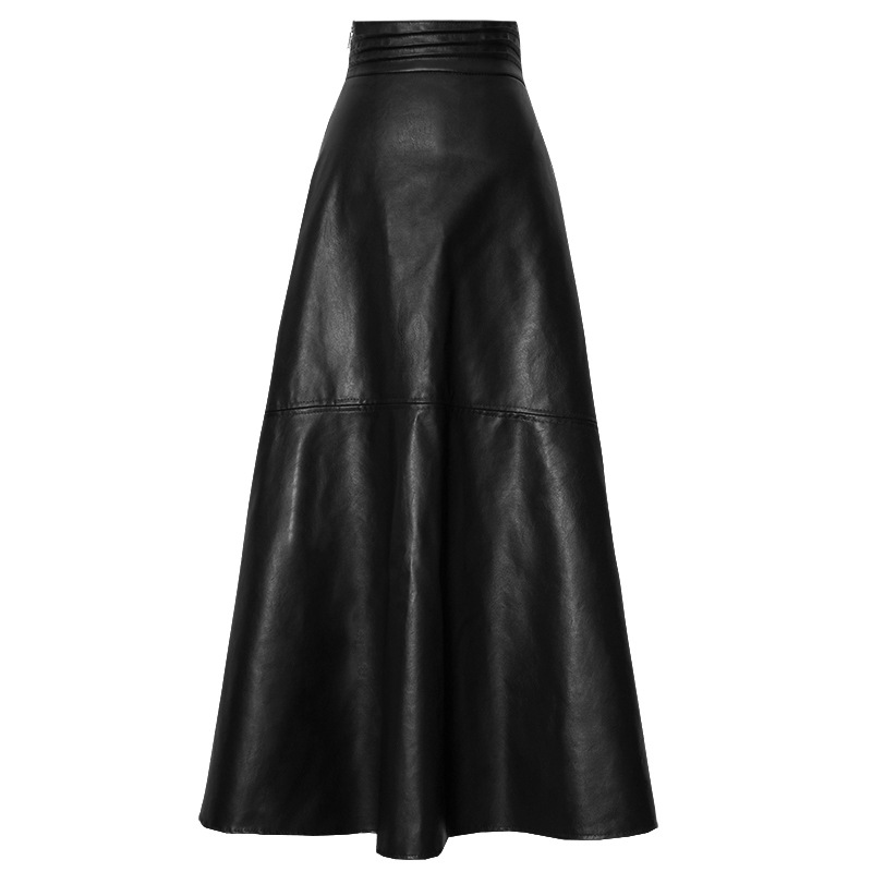 Retro High-Waist Leather Midi Skirt – A-Line Faux Leather Skirt
