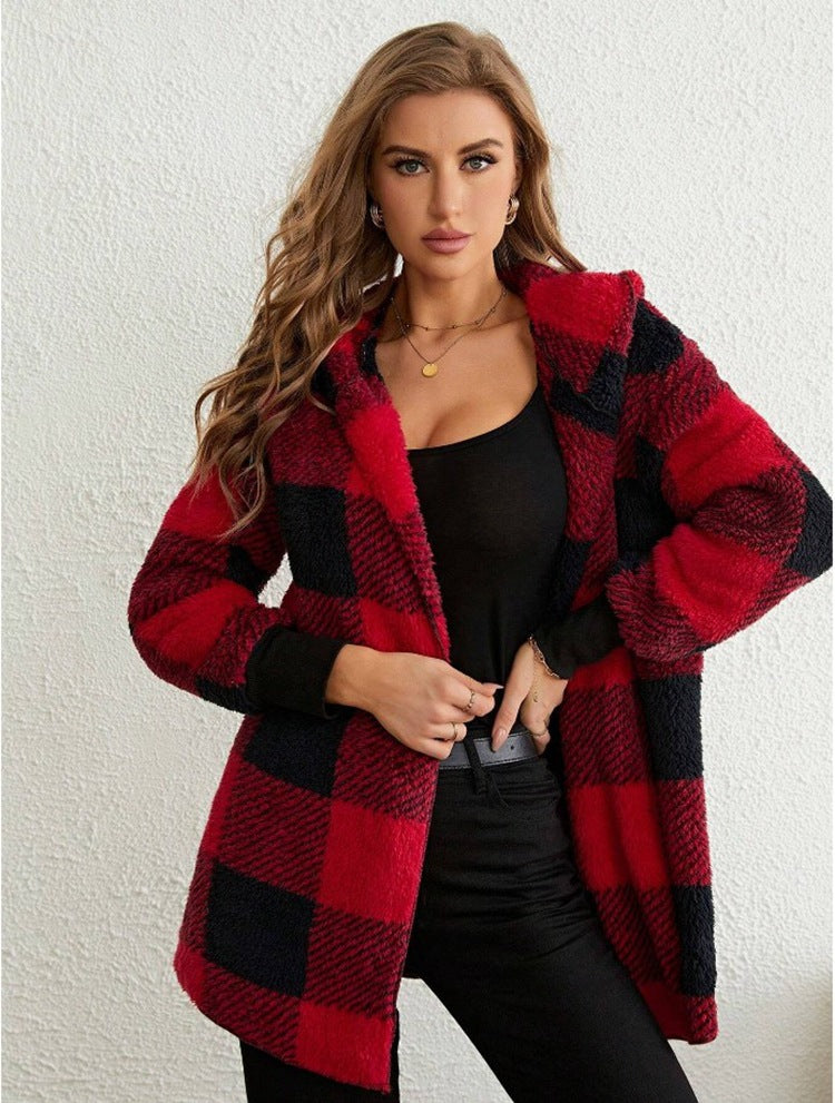 Women's Plaid Color-Stitch Knit Coat – Loose Long Sleeve Cardigan