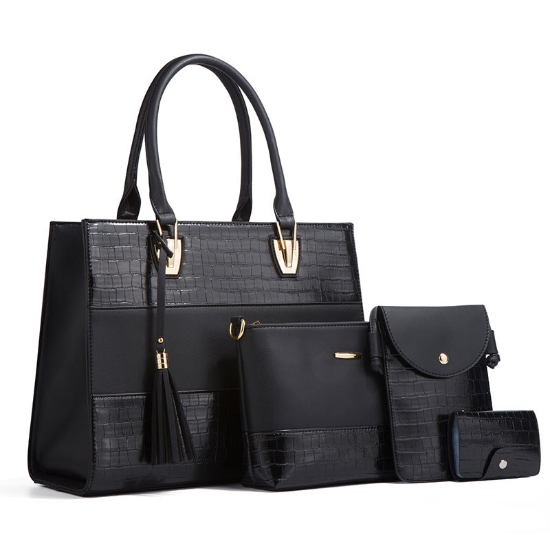 Crocodile-Embossed PU Handbag 4-Piece Set – Large Capacity Crossbody with Tassel Detail