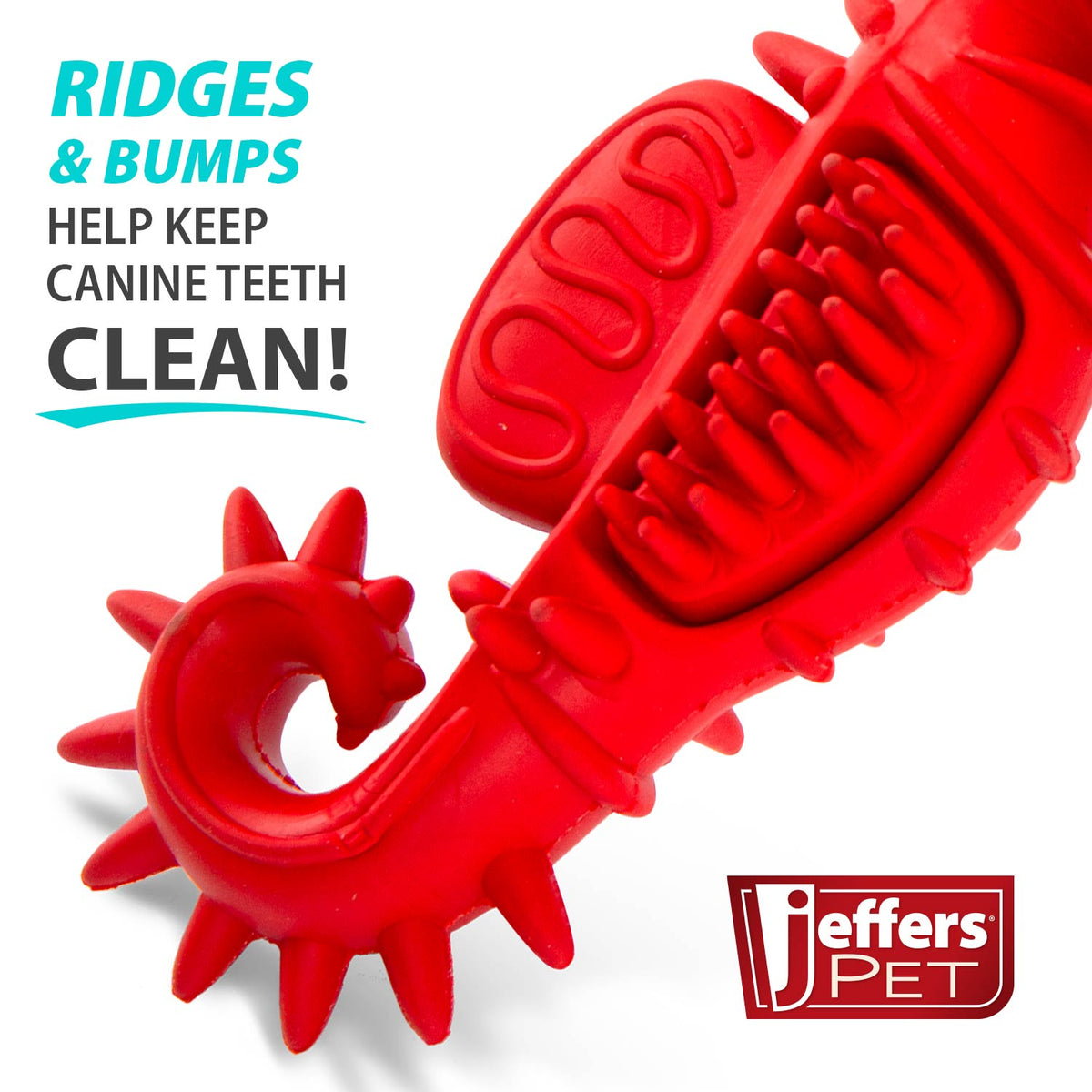 Jeffers Red Seahorse Natural Rubber Dog Chew Toy with Vanilla Scent and Textured Ridges for Dental Health