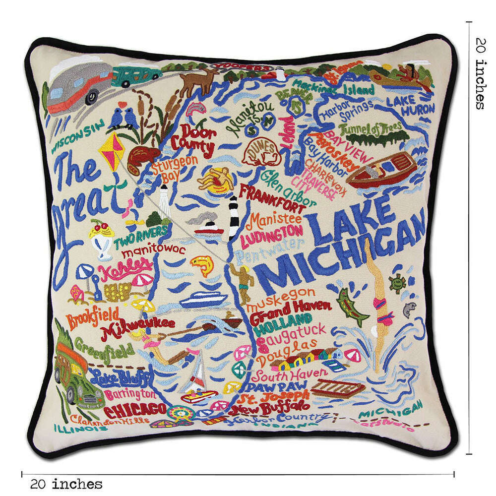 Lake Michigan Hand-Embroidered Pillow