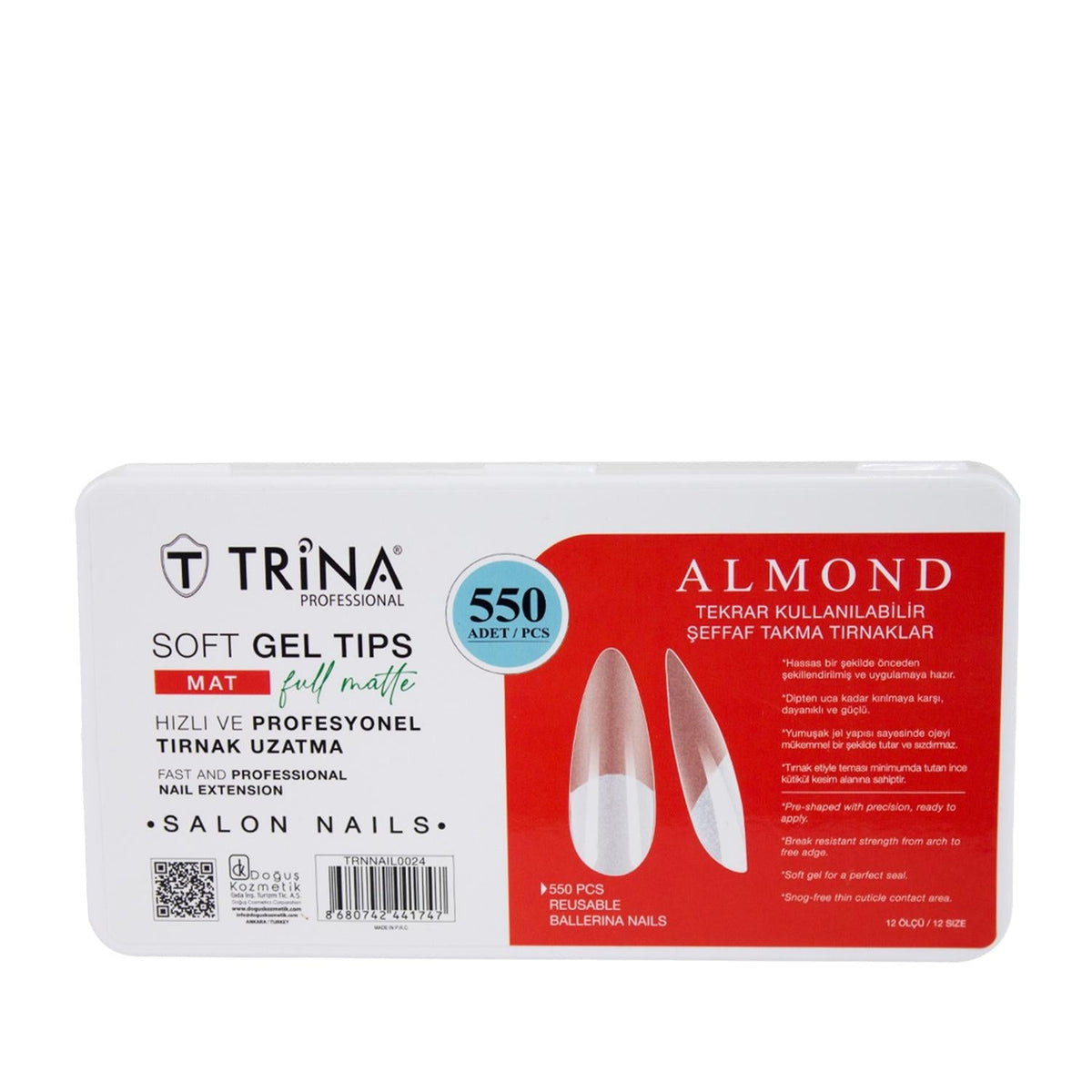 Trina Artificial Nails Soft Gel Almond Shape 550 Pieces - Mat Finish Nail Beauty Product
