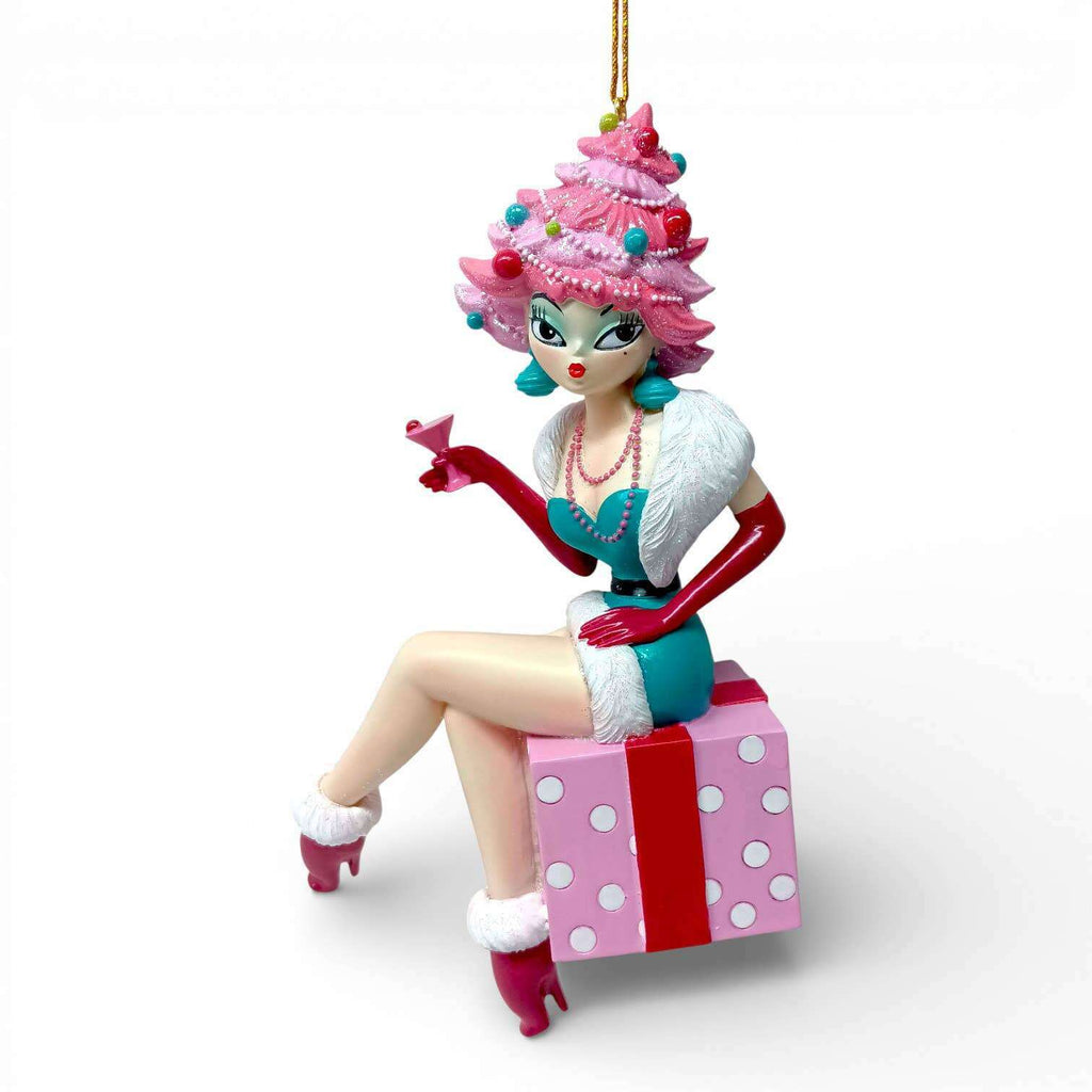Miss Holly Daze 6.5" Martini Lady on Present Ornament | Miss Fluff December Diamonds
