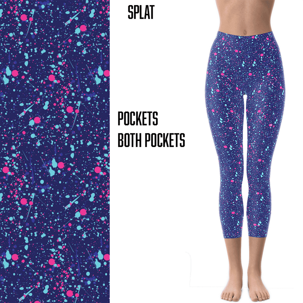 Blue Purple Paint Splat Leggings Capri Length with Pockets