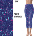 Blue Purple Paint Splat Leggings Capri Length with Pockets