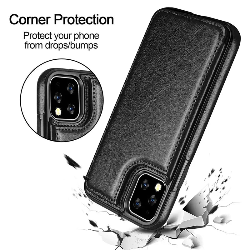 Leather Wallet Case for iPhone - Flip Cover with Card Slots & Kickstand