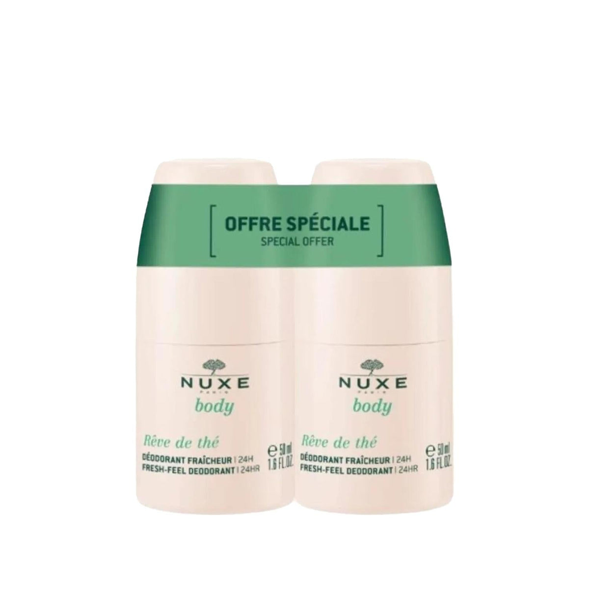 Nuxe Body Reve De The: Fresh Tea, Alcohol-Free Roll-On Deodorant - Long Lasting Odor Protection & Gentle for Sensitive Skin (2x50ml)